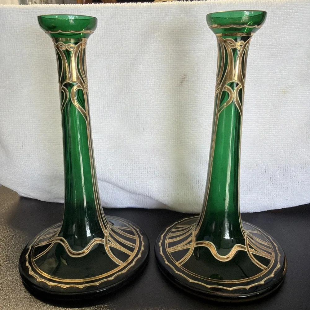 Vtg Art Nouveau Jugendstil Gold Gilded Green Satin Glass Vases 2 Ea Circa 1900s‎